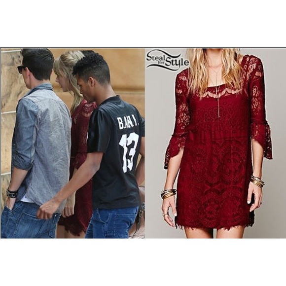 Free People Lace Mini Dress Bell Sleeve Square Neck Boho Cocktail Burgundy Small - Picture 2 of 7